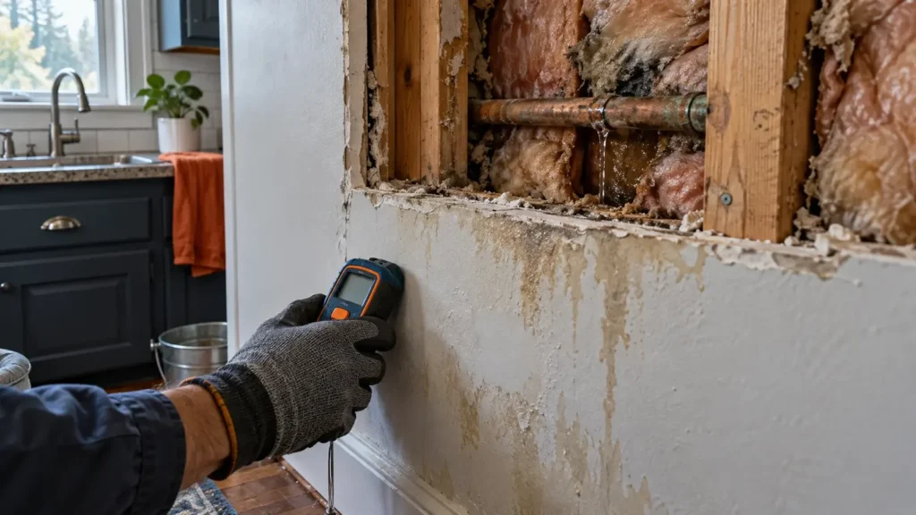 Moisture meter on a water-stained kitchen wall opened to show a leaking copper pipe and wet insulation