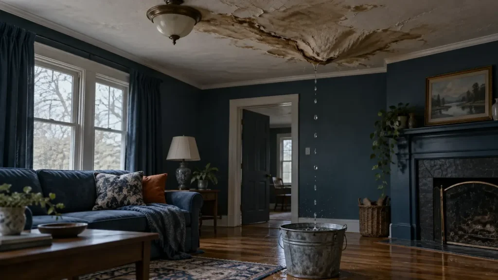 Sagging water-stained plaster ceiling dripping into a bucket in an older living room