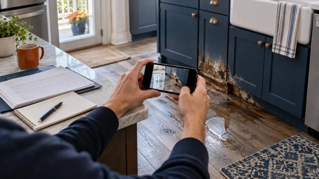 Homeowner photographing water-damaged kitchen cabinets and floor for an insurance claim