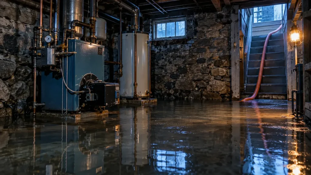Flooded fieldstone basement with an oil boiler and water heater and a pump hose running up the stairs