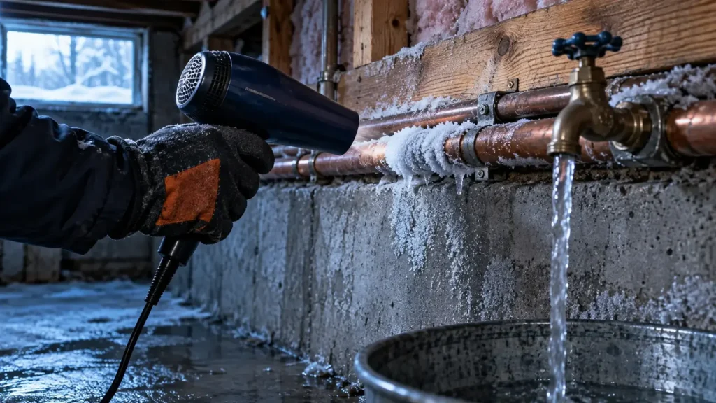 Thawing a frost-covered copper pipe along a basement sill with a hair dryer while the faucet runs
