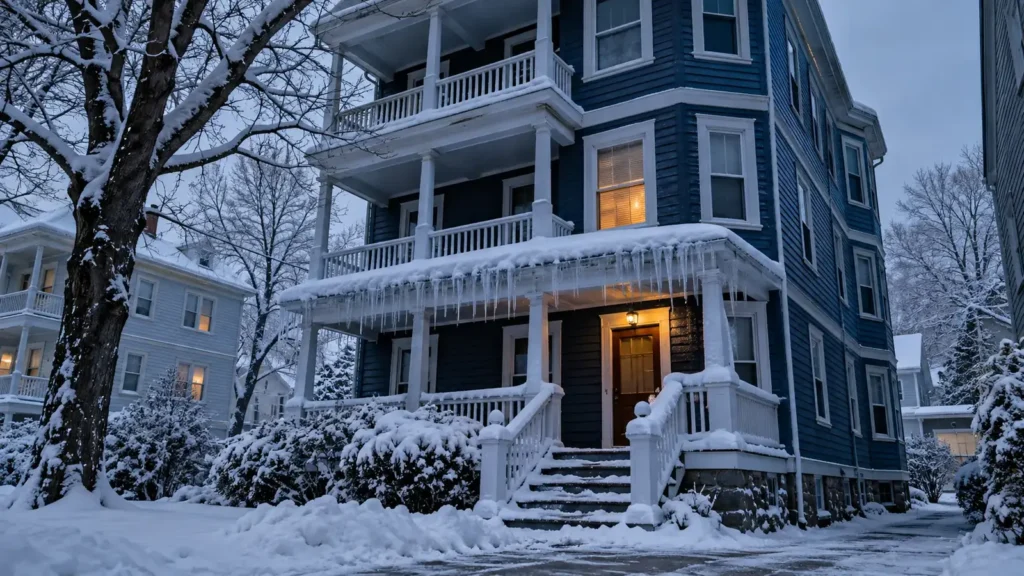 New England triple-decker with icicles on the porch on a snowy winter evening