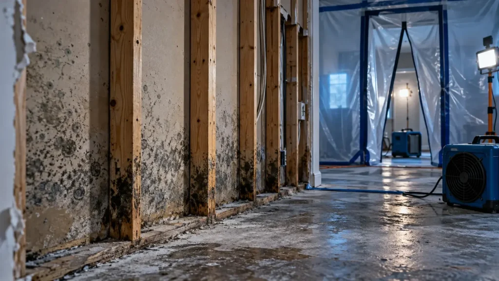 Mold on the back of drywall and lower studs with plastic containment and an air scrubber behind