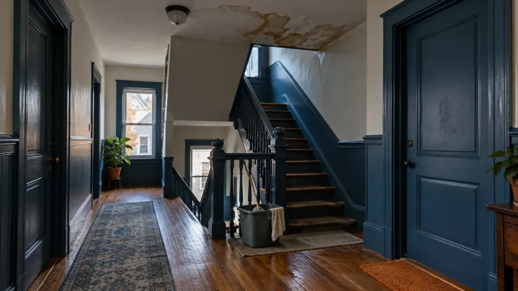 Water-stained ceiling over the shared stairwell of an older multi-family house