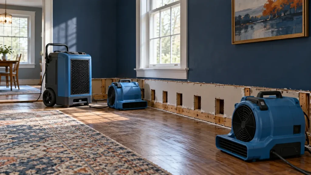 Dehumidifier and air movers drying a room with the lower wall opened for airflow