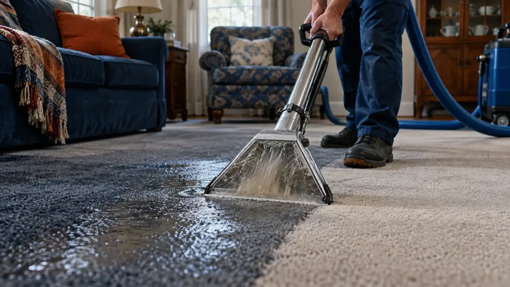 Extraction wand pulling water out of soaked carpet in a living room
