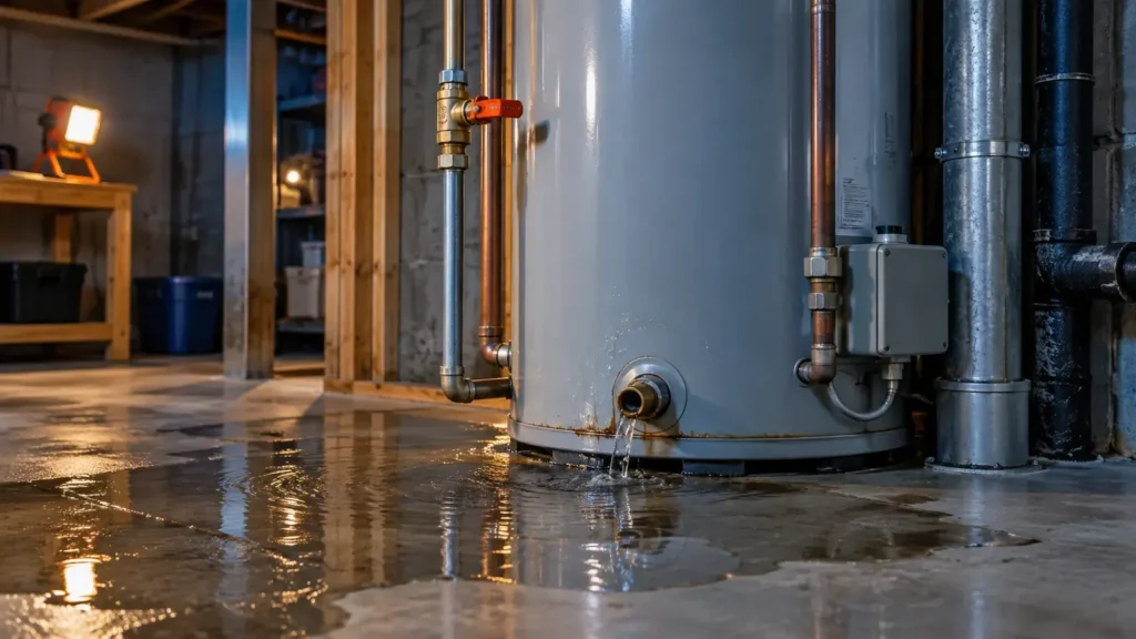 Tank water heater leaking across a basement floor
